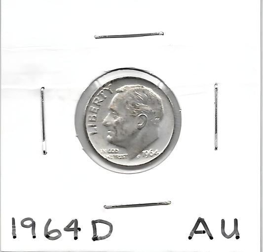 US Silver Coin - 1964D Roosevelt Dime AU Condition - GOVintage Jewelry and Collectibles