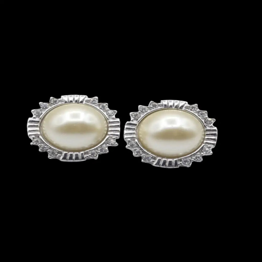 Kenneth Jay Lane Jewelry - Silver and Crystal Pearl Clip on Earrings - GOVintage Jewelry and Collectibles