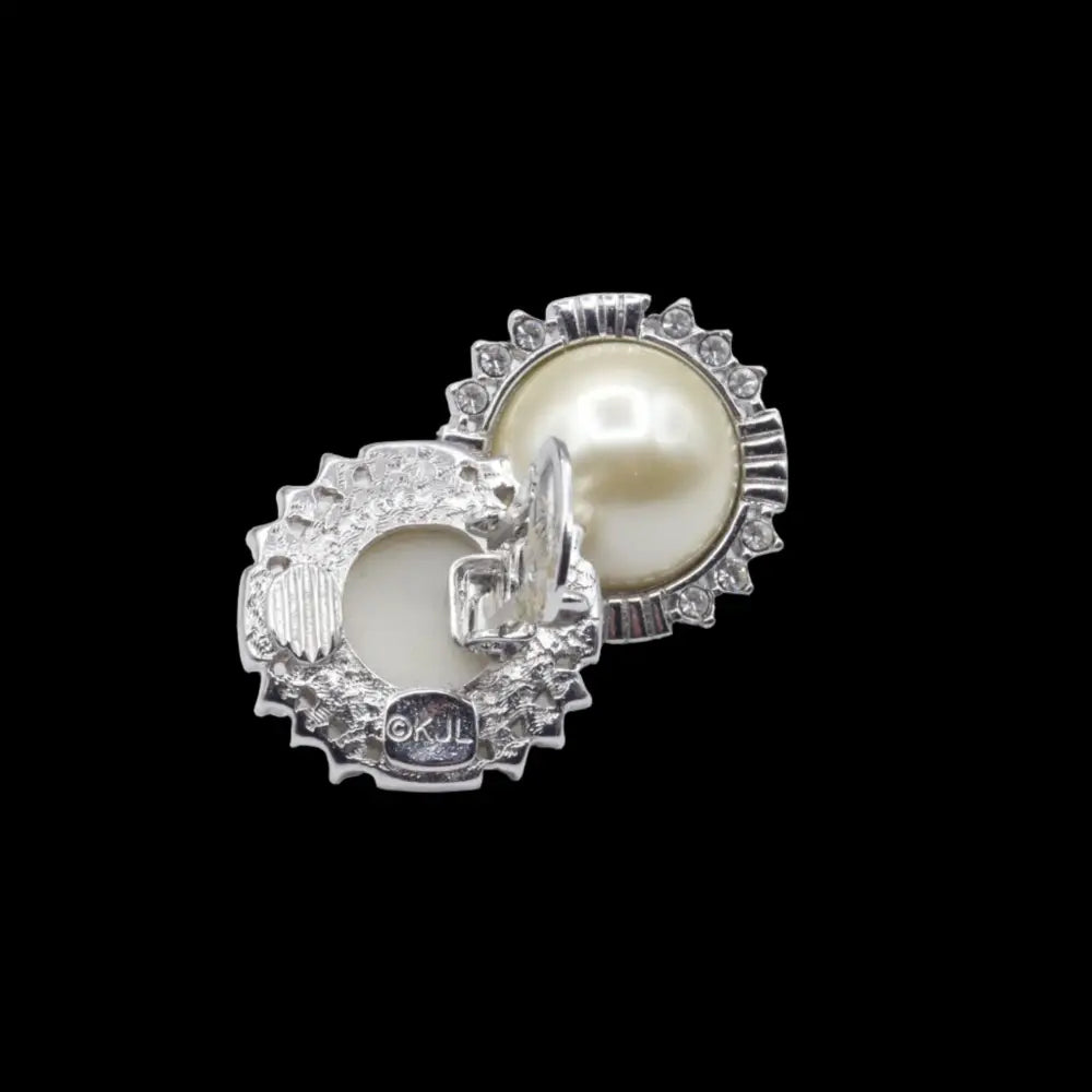 Kenneth Jay Lane Jewelry - Silver and Crystal Pearl Clip on Earrings - GOVintage Jewelry and Collectibles