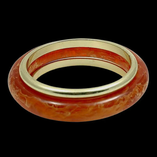 Lucite Jewelry - Tangerine Marbled Bangle with Gold Spacers - GOVintage Jewelry and Collectibles