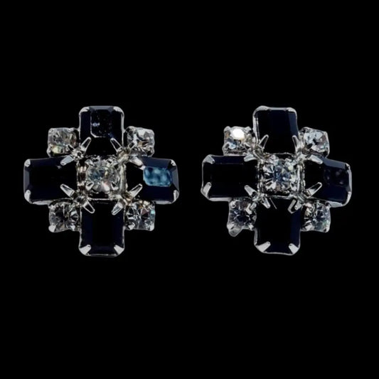 Mid Century Jewelry - Black Rhinestone Cross Design Screw Back Earrings - GOVintage Jewelry and Collectibles