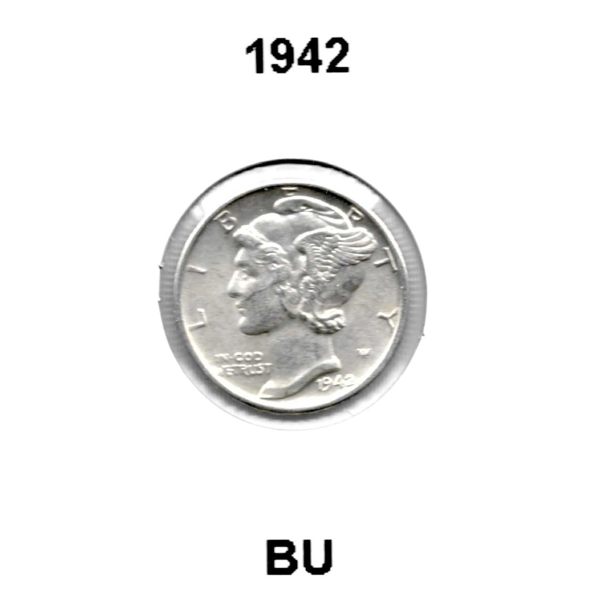 Vintage Silver Coins - 1942  Mint Mercury Dime BU