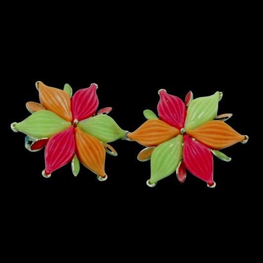 Mid Century Jewelry - Lisner Earrings Clip-on Flower Pink Yellow Melon - GOVintage Jewelry and Collectibles