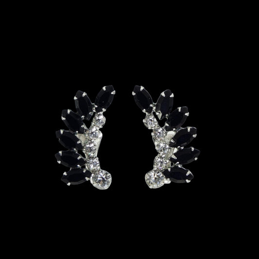 Mid Century Jewelry - B David Black Marquis and Round White Accent Crystals - GOVintage Jewelry and Collectibles