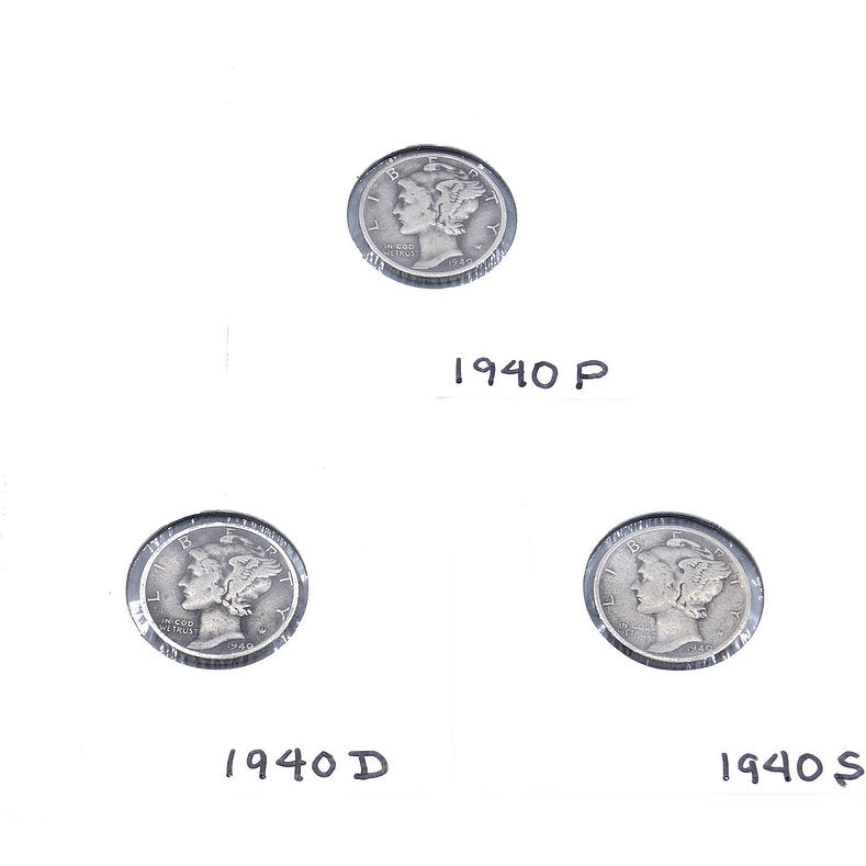 Silver Coins - 1940 Mercury Dime Set All Mints - GOVintage Jewelry and Collectibles